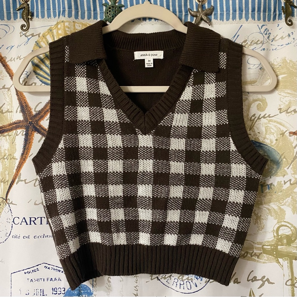 brown and tan cropped sweater vest